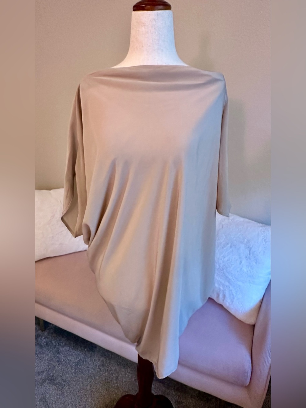 AllSaints Designer 100% Silk Top Taupe Women’s US 6 Asymmetric Draped Blouse Lux